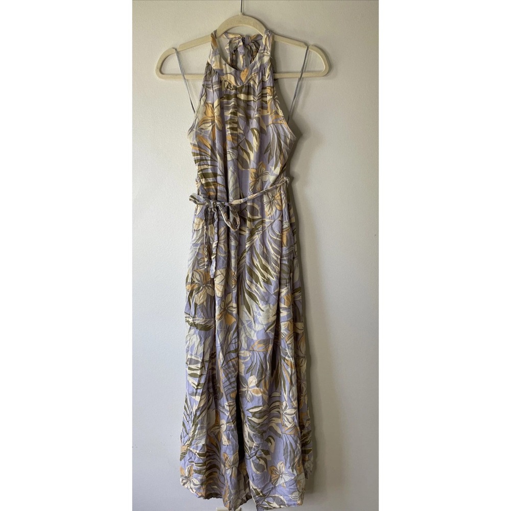 Bila 77 Jumpsuit Women Small Purple Tropical Floral Halter Wide Leg Boho Coastal